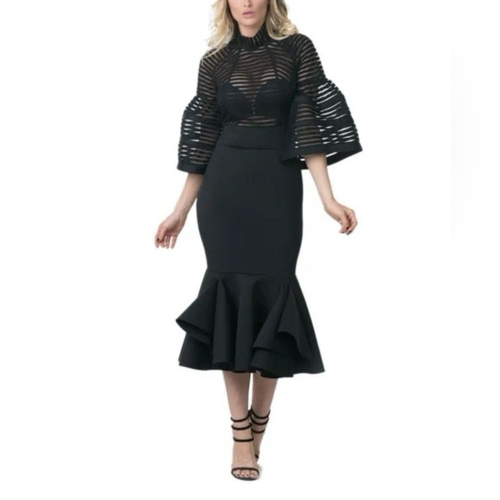 Eien USA Black Mesh Stripe Bell Sleeve Mermaid Midi Dress Size Small EUC